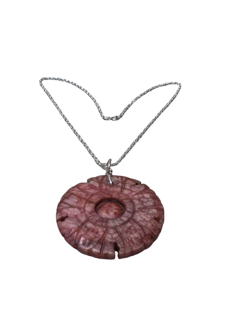 Vtg Rhodochrosite Sterling Silver Chain Necklace Stone Pendant Carved Amulet 18" - Picture 3 of 14